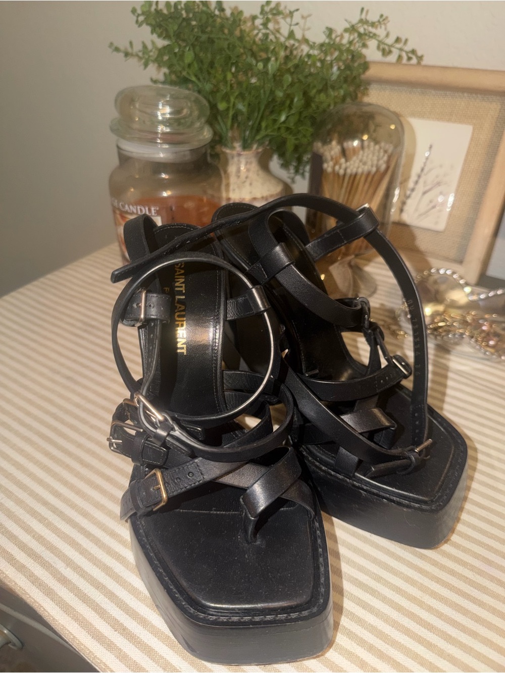 Saint Laurent Black Multi-Strap Platform Heels